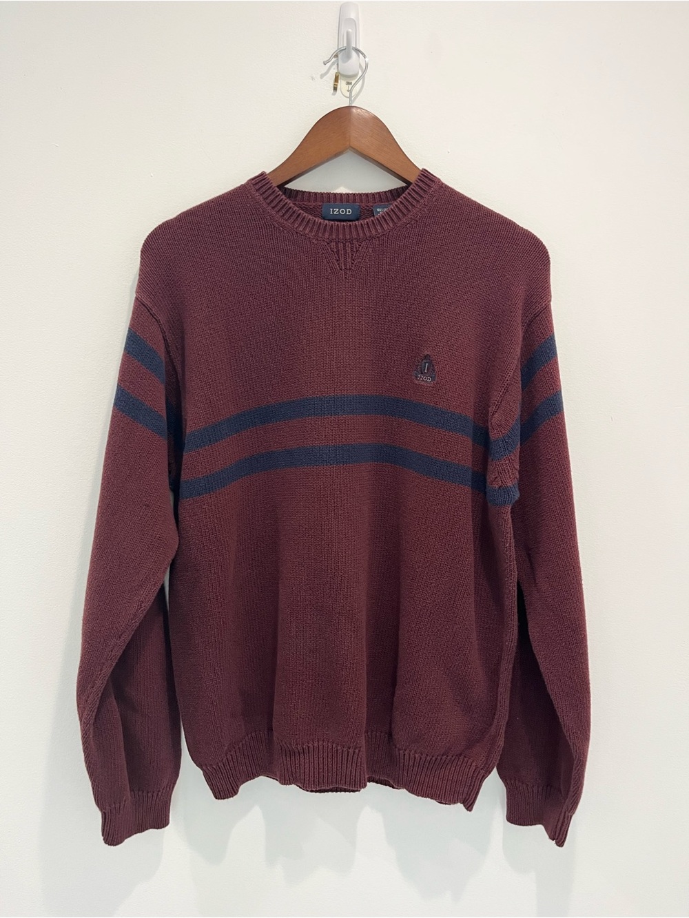 IZOD Vintage 90s Maroon Crewneck Sweater with Navy Stripes